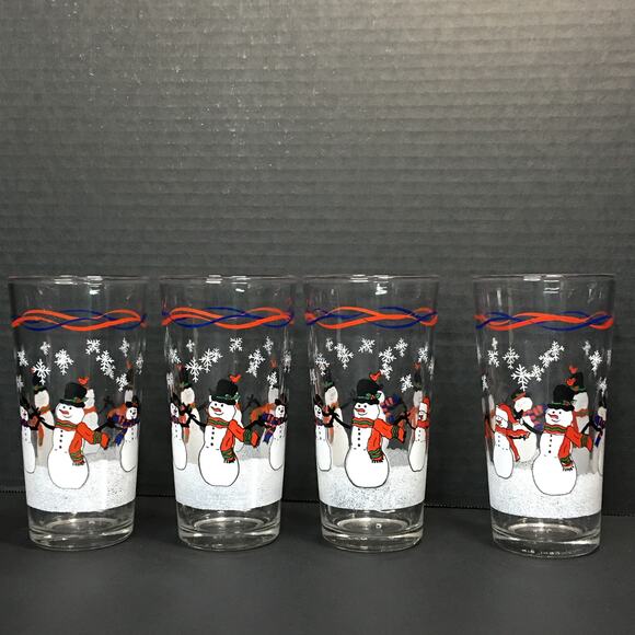 KIG Set of 4 Vintage Snowman Tea Water Drinking‎ Glasses Tumblers Barware - Picture 6 of 10